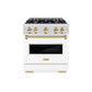 ZLINE Autograph Edition 30 in. 4.2 cu. ft. Classic Dual Fuel Range with 4 Burner Gas Cooktop and Electric Convection Oven in Satin Stainless Steel with White Matte Door and Polished Gold Accents (CDRSZ-WM-30-G) front.