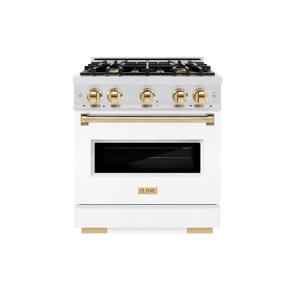 ZLINE Autograph Edition 30 in. 4.2 cu. ft. Classic Dual Fuel Range with 4 Burner Gas Cooktop and Electric Convection Oven in Satin Stainless Steel with White Matte Door and Polished Gold Accents (CDRSZ-WM-30-G) front.