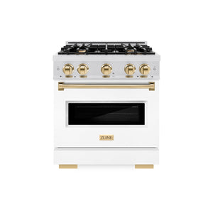 ZLINE Autograph Edition 30 in. 4.2 cu. ft. Classic Dual Fuel Range with 4 Burner Gas Cooktop and Electric Convection Oven in Satin Stainless Steel with White Matte Door and Polished Gold Accents (CDRSZ-WM-30-G) front.