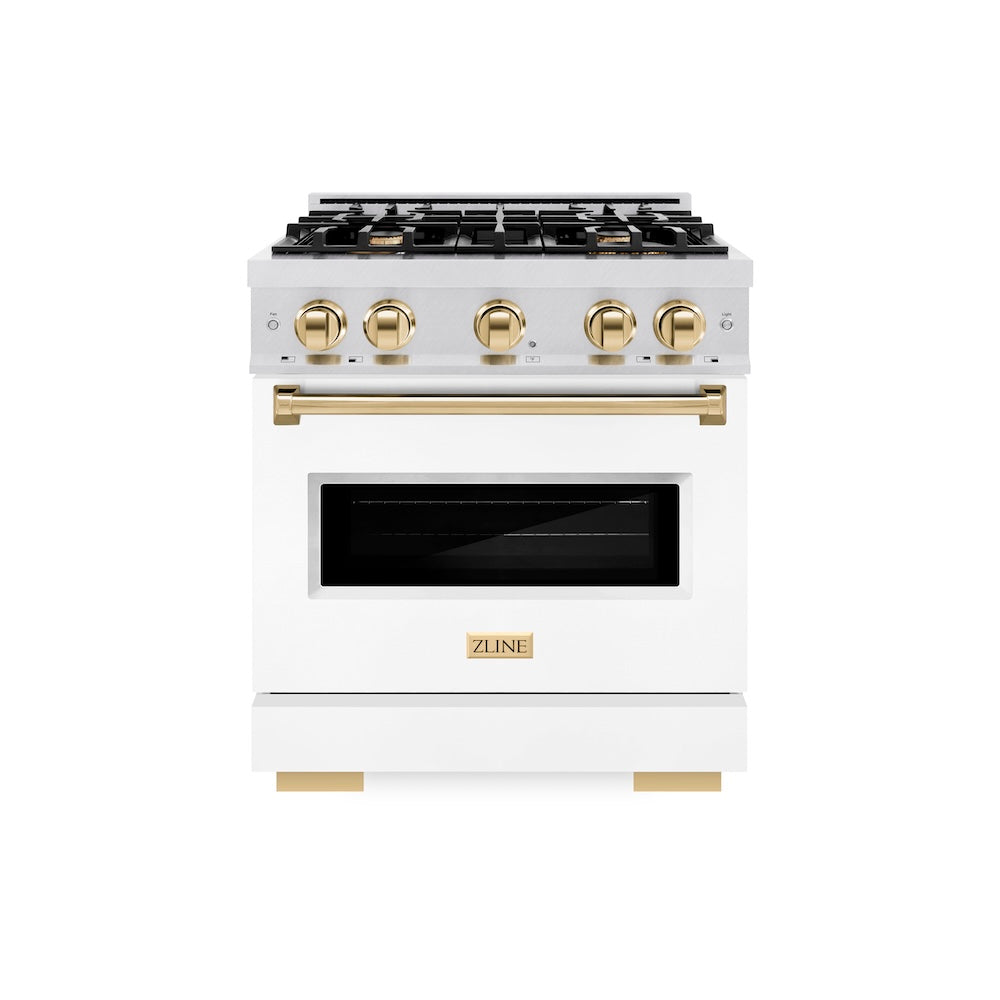 ZLINE Autograph Edition 30 in. 4.2 cu. ft. Classic Dual Fuel Range with 4 Burner Gas Cooktop and Electric Convection Oven in Satin Stainless Steel with White Matte Door and Polished Gold Accents, Open Box-Great Condition