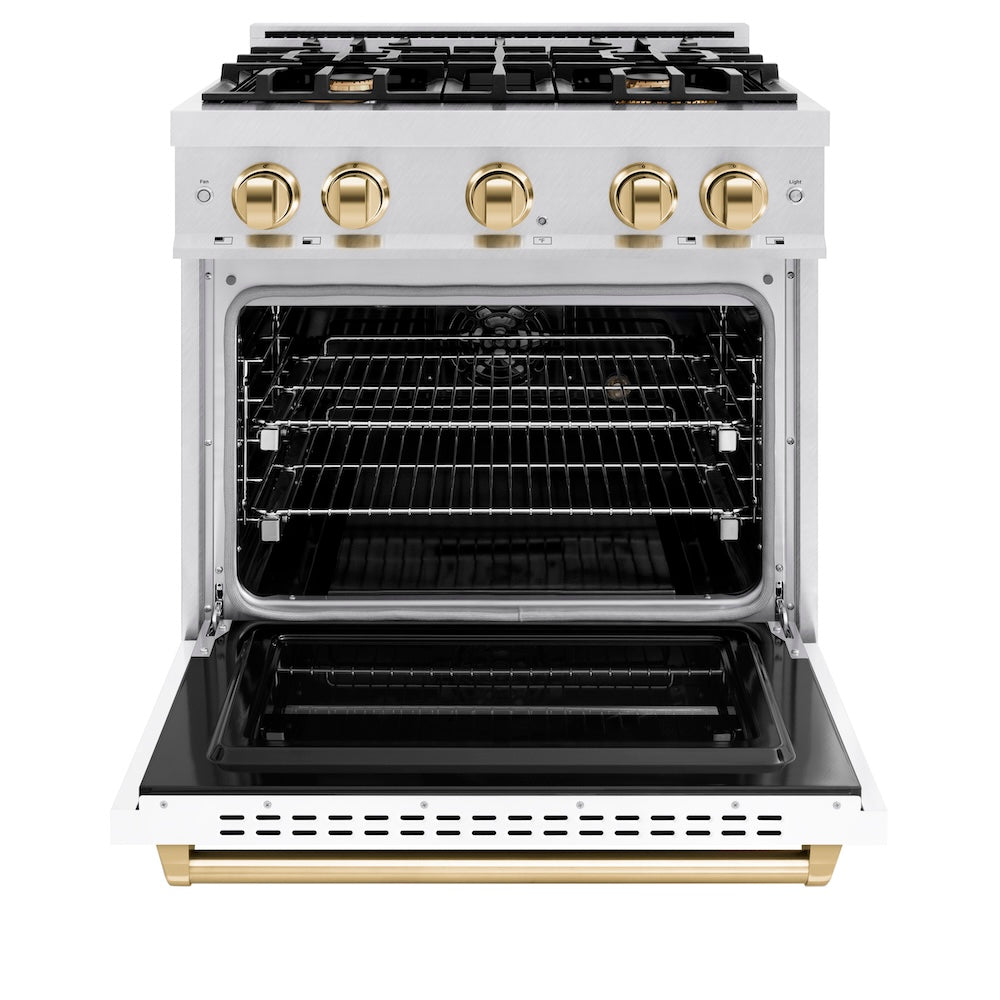 ZLINE Autograph Edition 30 in. 4.2 cu. ft. Classic Dual Fuel Range with 4 Burner Gas Cooktop and Electric Convection Oven in Satin Stainless Steel with White Matte Door and Polished Gold Accents, Open Box-Good Condition