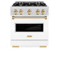 ZLINE Autograph Edition 30 in. 4.2 cu. ft. Classic Dual Fuel Range with 4 Burner Gas Cooktop and Electric Convection Oven in Satin Stainless Steel with White Matte Door and Polished Gold Accents (CDRSZ-WM-30-G) front.