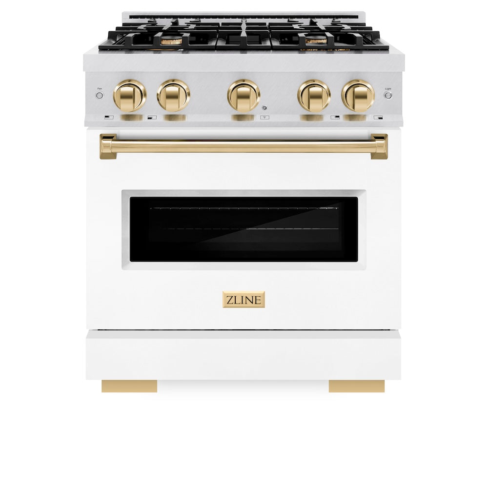 ZLINE Autograph Edition 30 in. 4.2 cu. ft. Classic Dual Fuel Range with 4 Burner Gas Cooktop and Electric Convection Oven in Satin Stainless Steel with White Matte Door and Polished Gold Accents (CDRSZ-WM-30-G) front.