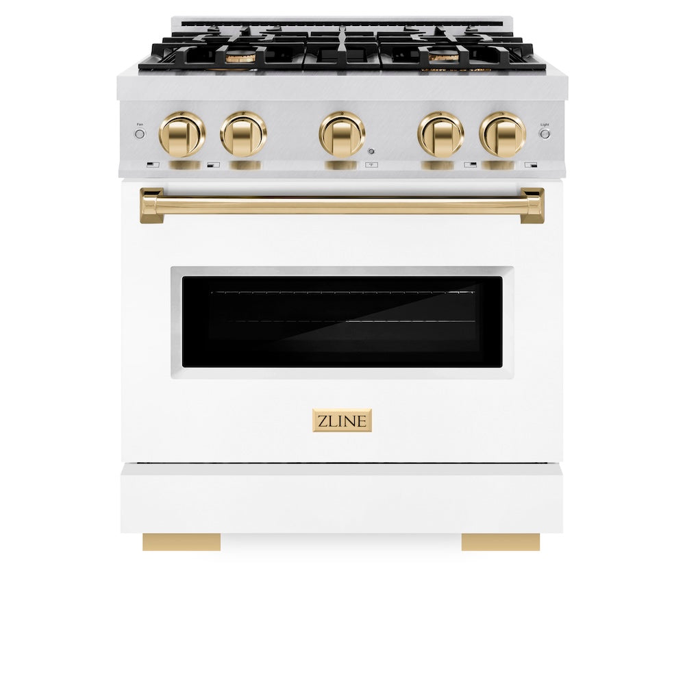 ZLINE Autograph Edition 30 in. 4.2 cu. ft. Classic Dual Fuel Range with 4 Burner Gas Cooktop and Electric Convection Oven in Satin Stainless Steel with White Matte Door and Polished Gold Accents, Open Box-Good Condition