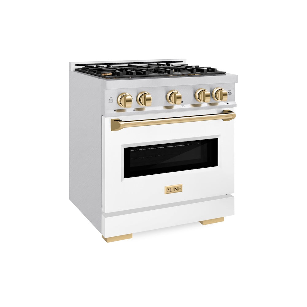 ZLINE Autograph Edition 30 in. 4.2 cu. ft. Classic Dual Fuel Range with 4 Burner Gas Cooktop and Electric Convection Oven in Satin Stainless Steel with White Matte Door and Polished Gold Accents, Open Box-Good Condition
