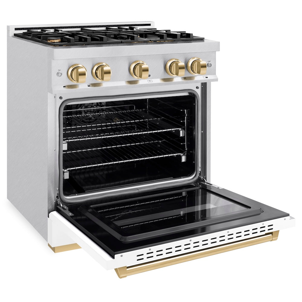ZLINE Autograph Edition 30 in. 4.2 cu. ft. Classic Dual Fuel Range with 4 Burner Gas Cooktop and Electric Convection Oven in Satin Stainless Steel with White Matte Door and Polished Gold Accents, Open Box-Good Condition