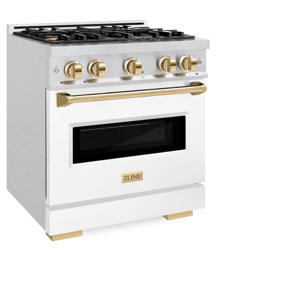 ZLINE Autograph Edition 30 in. 4.2 cu. ft. Classic Dual Fuel Range with 4 Burner Gas Cooktop and Electric Convection Oven in Satin Stainless Steel with White Matte Door and Polished Gold Accents, Open Box-Good Condition