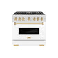 ZLINE Autograph Edition 36 in. 5.2 cu. ft. Classic Dual Fuel Range with 6 Burner Gas Cooktop and Electric Convection Oven in Satin Stainless Steel with White Matte Door and Polished Gold Accents (CDRSZ-WM-36-G) front.