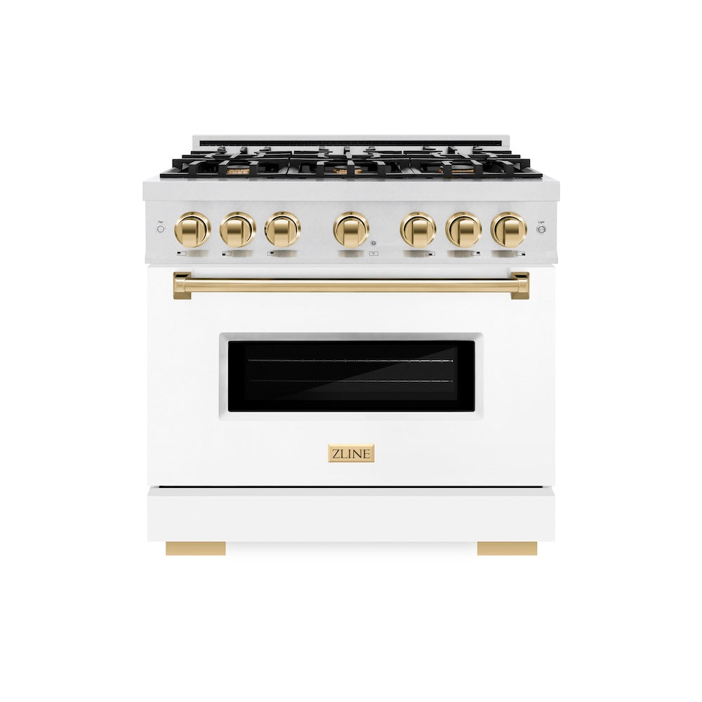 ZLINE Autograph Edition 36 in. 5.2 cu. ft. Classic Dual Fuel Range with 6 Burner Gas Cooktop and Electric Convection Oven in Satin Stainless Steel with White Matte Door and Polished Gold Accents (CDRSZ-WM-36-G) front.