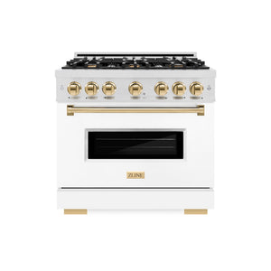 ZLINE Autograph Edition 36 in. 5.2 cu. ft. Classic Dual Fuel Range with 6 Burner Gas Cooktop and Electric Convection Oven in Satin Stainless Steel with White Matte Door and Polished Gold Accents (CDRSZ-WM-36-G) front.