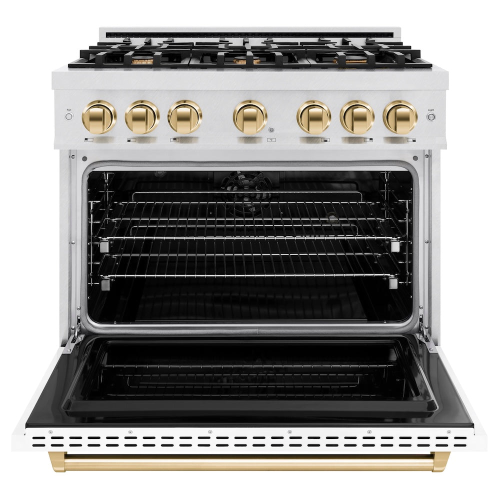 ZLINE Autograph Edition 36 in. 5.2 cu. ft. Classic Dual Fuel Range with 6 Burner Gas Cooktop and Electric Convection Oven in Satin Stainless Steel with White Matte Door and Polished Gold Accents, Open Box-Good Condition