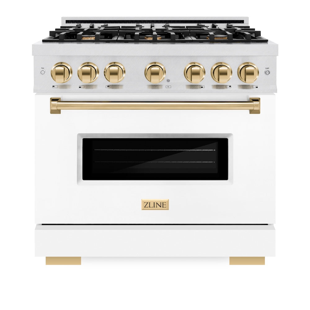ZLINE Autograph Edition 36 in. 5.2 cu. ft. Classic Dual Fuel Range with 6 Burner Gas Cooktop and Electric Convection Oven in Satin Stainless Steel with White Matte Door and Polished Gold Accents, Open Box-Good Condition