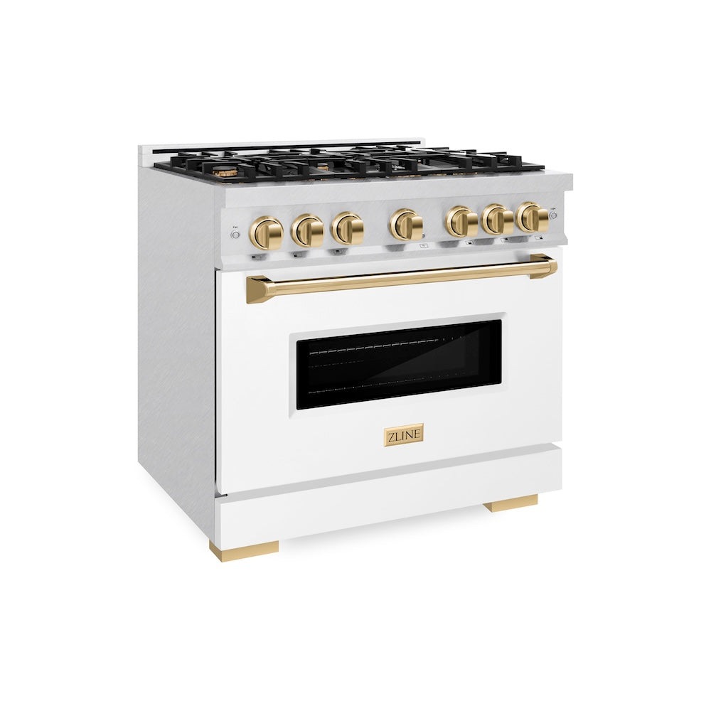 ZLINE Autograph Edition 36 in. 5.2 cu. ft. Classic Dual Fuel Range with 6 Burner Gas Cooktop and Electric Convection Oven in Satin Stainless Steel with White Matte Door and Polished Gold Accents, Open Box-Good Condition