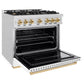 ZLINE Autograph Edition 36 in. 5.2 cu. ft. Classic Dual Fuel Range with 6 Burner Gas Cooktop and Electric Convection Oven in Satin Stainless Steel with White Matte Door and Polished Gold Accents, Open Box-Good Condition