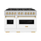 ZLINE Autograph Edition 48 in. 6.7 cu. ft. Classic Double Oven Dual Fuel Range with 8 Burner Gas Cooktop in Satin Stainless Steel with White Matte Doors and Polished Gold Accents (CDRSZ-WM-48-G) front.