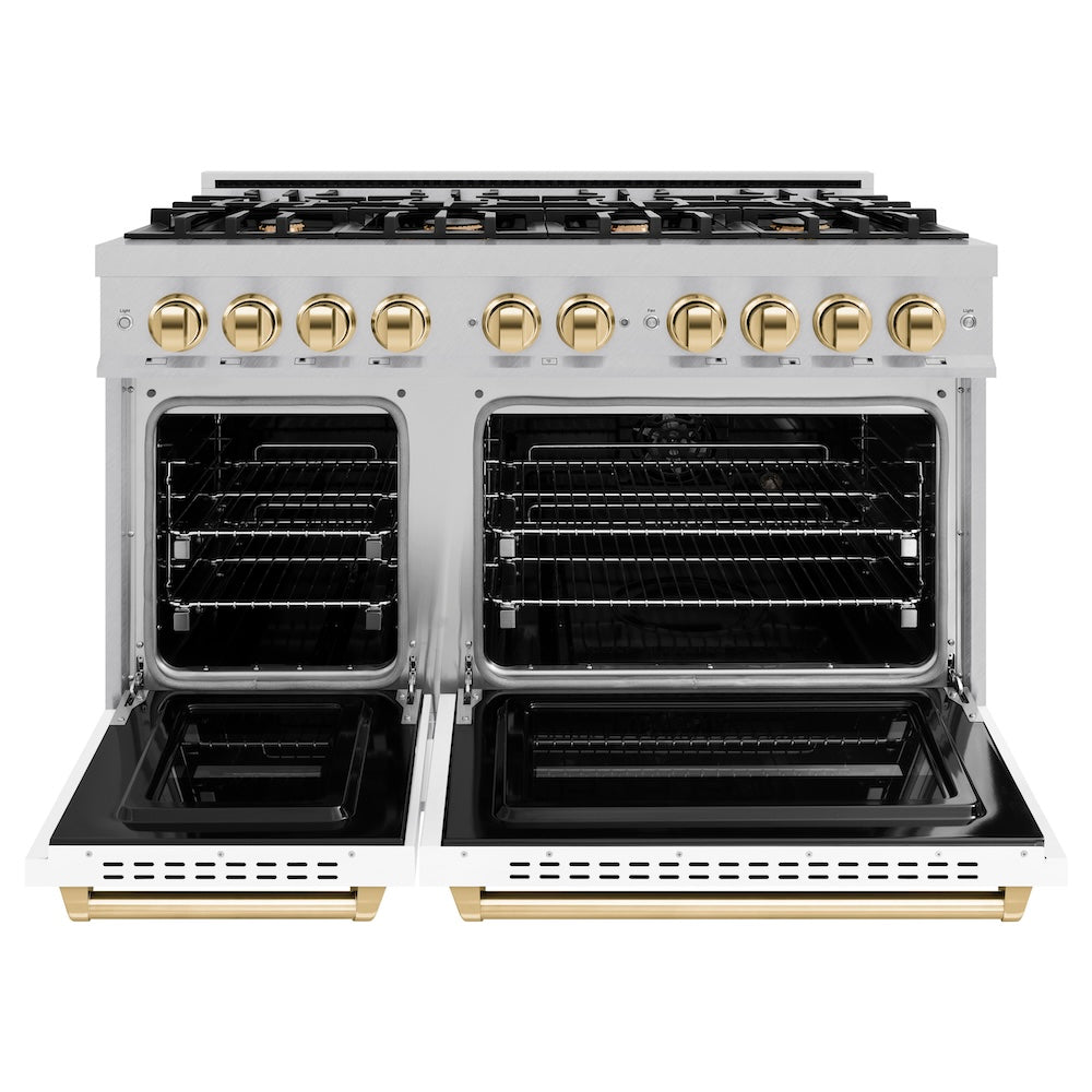 ZLINE Autograph Edition 48 in. 6.7 cu. ft. Classic Double Oven Dual Fuel Range with 8 Burner Gas Cooktop in Satin Stainless Steel with White Matte Doors and Polished Gold Accents (CDRSZ-WM-48-G) front, oven open.
