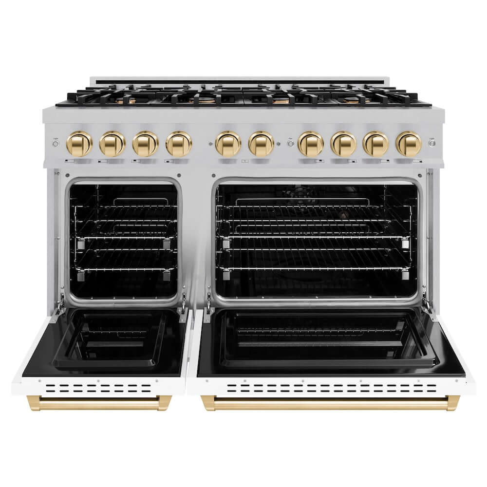 ZLINE Autograph Edition 48 in. 6.7 cu. ft. Classic Double Oven Dual Fuel Range with 8 Burner Gas Cooktop in Satin Stainless Steel with White Matte Doors and Polished Gold Accents, Open Box-Good Condition