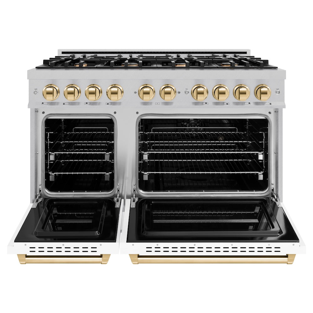 ZLINE Autograph Edition 48 in. 6.7 cu. ft. Classic Double Oven Dual Fuel Range with 8 Burner Gas Cooktop in Satin Stainless Steel with White Matte Doors and Polished Gold Accents, Open Box-Great Condition