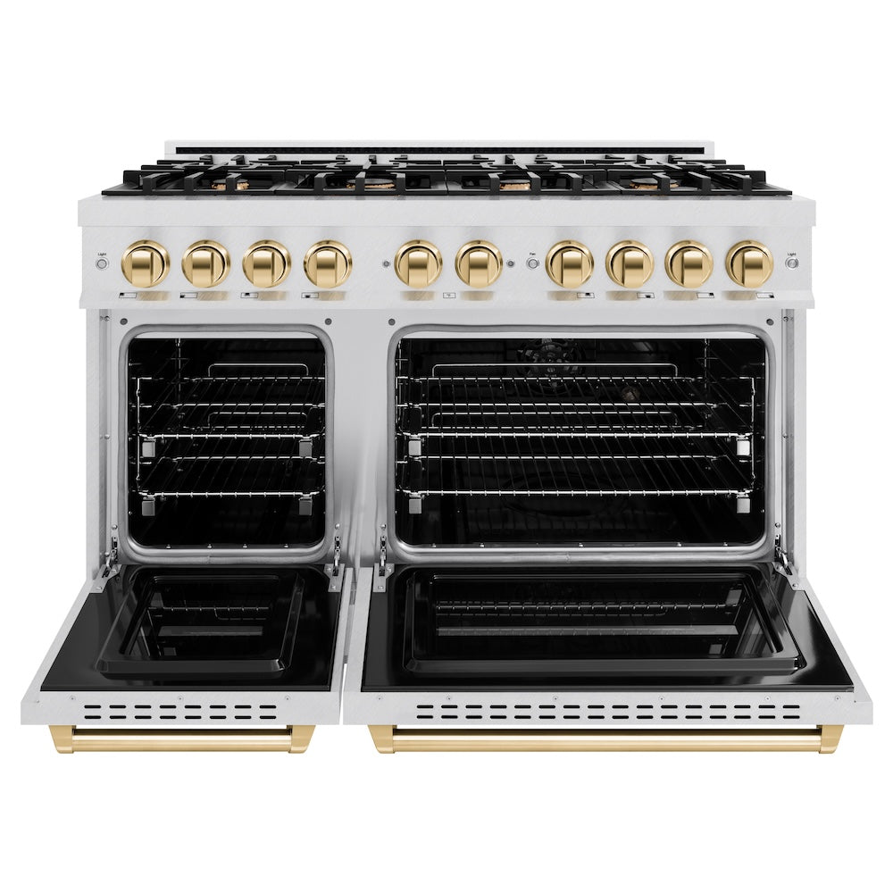 ZLINE Autograph Edition 48 in. 6.7 cu. ft. Classic Double Oven Dual Fuel Range with 8 Burner Gas Cooktop in Satin Stainless Steel and Polished Gold Accents, Open Box-Good Condition