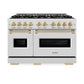 ZLINE Autograph Edition 48 in. 6.7 cu. ft. Classic Double Oven Dual Fuel Range with 8 Burner Gas Cooktop in Satin Stainless Steel and Polished Gold Accents (CDRSZ-48-G) front.