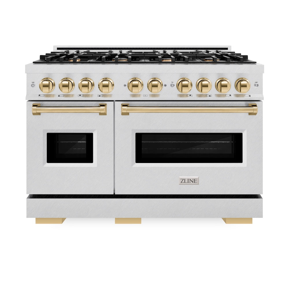 ZLINE Autograph Edition 48 in. 6.7 cu. ft. Classic Double Oven Dual Fuel Range with 8 Burner Gas Cooktop in Satin Stainless Steel and Polished Gold Accents (CDRSZ-48-G) front.