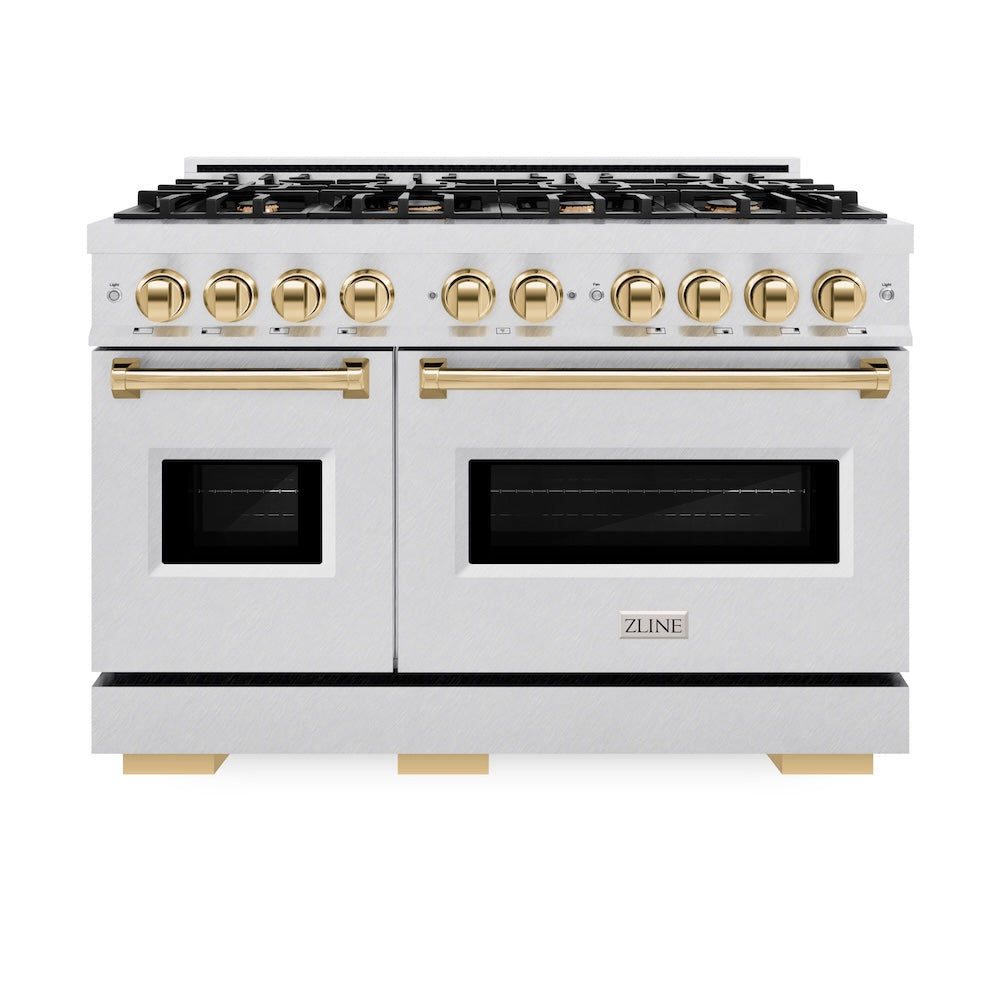 ZLINE Autograph Edition 48 in. 6.7 cu. ft. Classic Double Oven Dual Fuel Range with 8 Burner Gas Cooktop in Satin Stainless Steel and Polished Gold Accents, Open Box-Good Condition