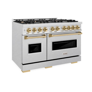 ZLINE Autograph Edition 48 in. 6.7 cu. ft. Classic Double Oven Dual Fuel Range with 8 Burner Gas Cooktop in Satin Stainless Steel and Polished Gold Accents (CDRSZ-48-G) main image.