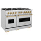 ZLINE Autograph Edition 48 in. 6.7 cu. ft. Classic Double Oven Dual Fuel Range with 8 Burner Gas Cooktop in Satin Stainless Steel and Polished Gold Accents (CDRSZ-48-G) side.