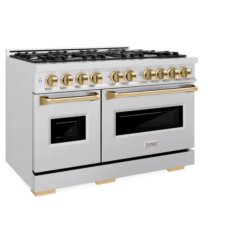 ZLINE Autograph Edition 48 in. 6.7 cu. ft. Classic Double Oven Dual Fuel Range with 8 Burner Gas Cooktop in Satin Stainless Steel and Polished Gold Accents, Open Box-Good Condition