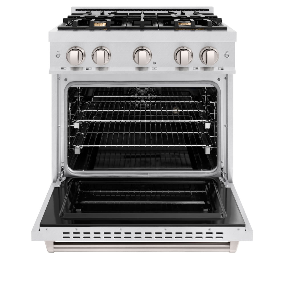 ZLINE 30 in. 4.2 cu. ft. Classic Dual Fuel Range with Gas Cooktop and Electric Convection Oven in Satin Stainless Steel with 4 Brass Burners (CDRS-BR-30) front, oven open.