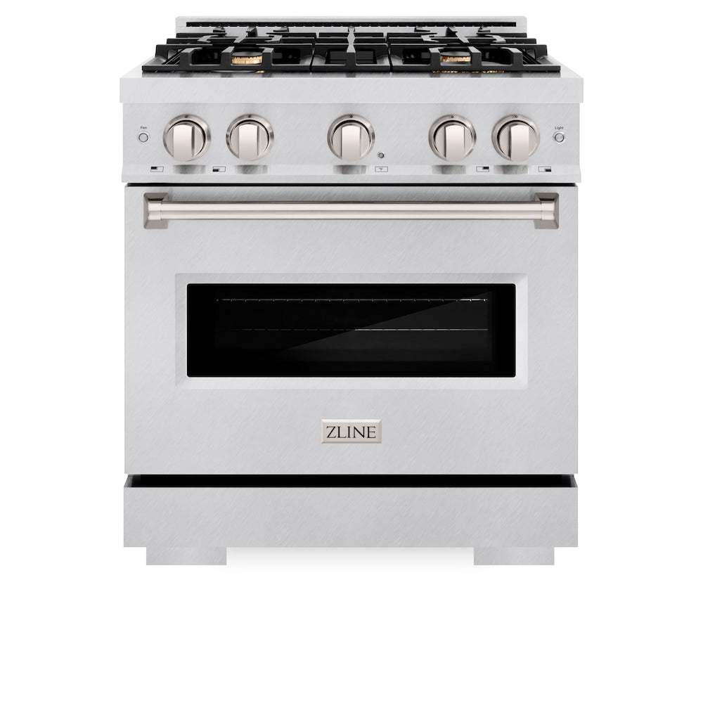 ZLINE 30 in. 4.2 cu. ft. Classic Dual Fuel Range with Gas Cooktop and Electric Convection Oven in Satin Stainless Steel with 4 Brass Burners (CDRS-BR-30) front.