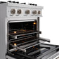 ZLINE 30 in. 4.2 cu. ft. Classic Dual Fuel Range with Gas Cooktop and Electric Convection Oven in Satin Stainless Steel with 4 Brass Burners (CDRS-BR-30) close-up, open oven with racks extended, showing interior components.
