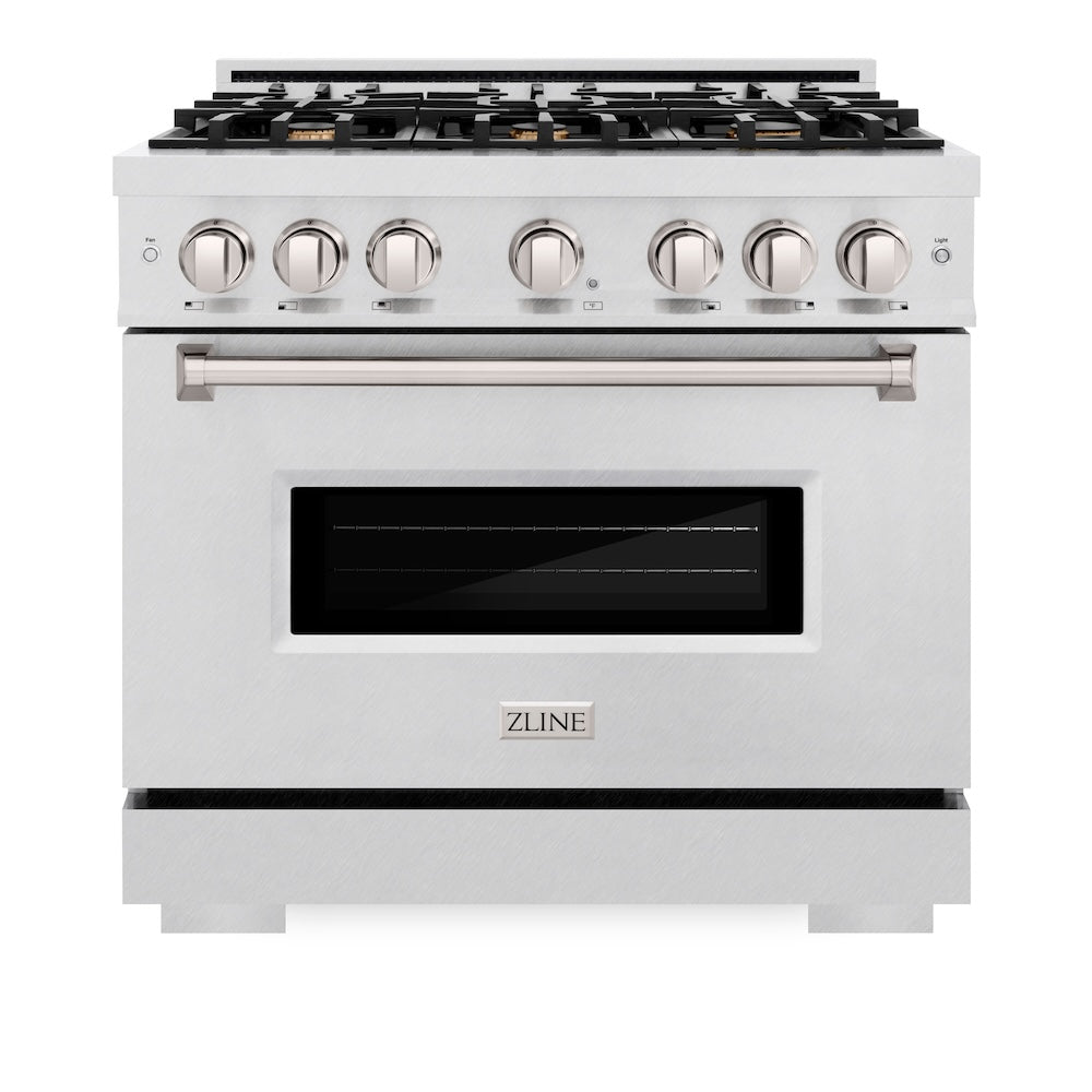 ZLINE 36 in. 5.2 cu. ft. Classic Dual Fuel Range with Gas Cooktop and Electric Convection Oven in Satin Stainless Steel with 6 Brass Burners (CDRS-BR-36) front.