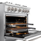 ZLINE 36 in. 5.2 cu. ft. Classic Dual Fuel Range with Gas Cooktop and Electric Convection Oven in Satin Stainless Steel with 6 Brass Burners (CDRS-BR-36) close-up, open oven with racks extended, showing interior components.