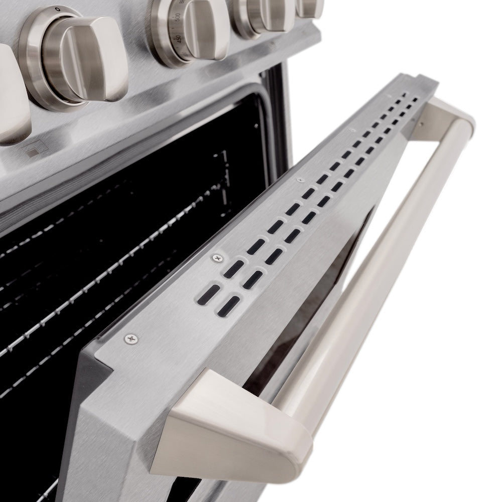 ZLINE 30 in. 4.2 cu. ft. Classic Dual Fuel Range with 4 Burner Gas Cooktop and Electric Convection Oven in Satin Stainless Steel (CDRS-30) close-up, oven slightly open, showing Satin Stainless Steel non-directional circular finish.