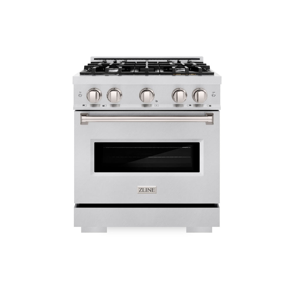 ZLINE 30 in. 4.2 cu. ft. Classic Gas Range with 4 Burner Cooktop and Convection Gas Oven in Satin Stainless Steel (CGRS-30) front.