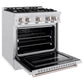 ZLINE 30 in. 4.2 cu. ft. Classic Gas Range with 4 Burner Cooktop and Convection Gas Oven in Satin Stainless Steel (CGRS-30) side, open.