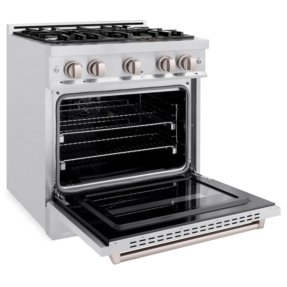 ZLINE 30 in. 4.2 cu. ft. Classic Gas Range with 4 Burner Cooktop and Convection Gas Oven in Satin Stainless Steel (CGRS-30) side, open.