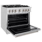 ZLINE 36 in. 5.2 cu. ft. Classic Gas Range with 6 Burner Cooktop and Convection Gas Oven in Satin Stainless Steel (CGRS-36) side, open.