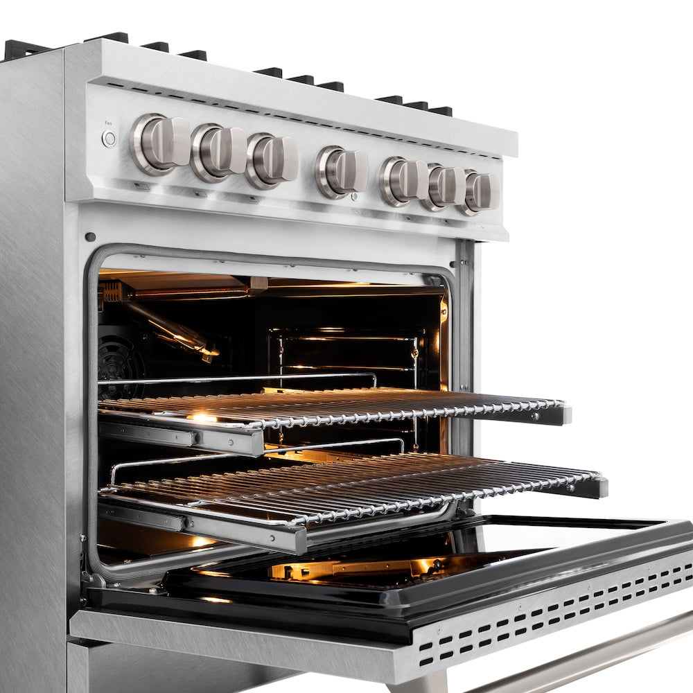 ZLINE 36 in. 5.2 cu. ft. Classic Gas Range with 6 Burner Cooktop and Convection Gas Oven in Satin Stainless Steel (CGRS-36) close-up, open oven with racks extended, showing interior components.