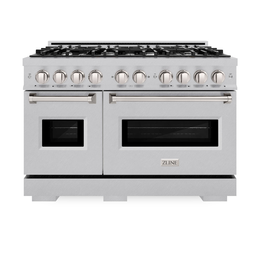 ZLINE 48 in. 6.7 cu. ft. Classic Double Oven Gas Range with 8 Burner Cooktop in Satin Stainless Steel (CGRS-48) front.