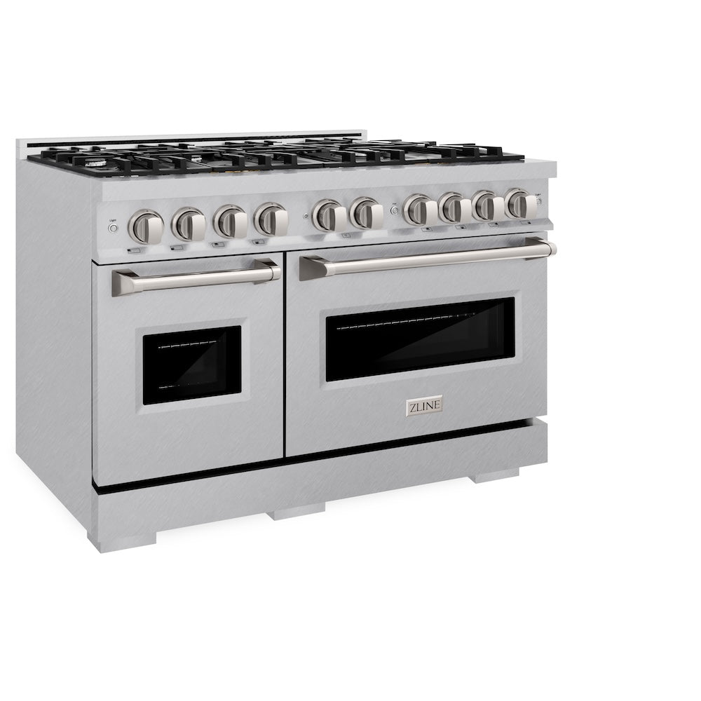 ZLINE 48 in. 6.7 cu. ft. Classic Double Oven Gas Range with 8 Burner Cooktop in Satin Stainless Steel (CGRS-48) side.