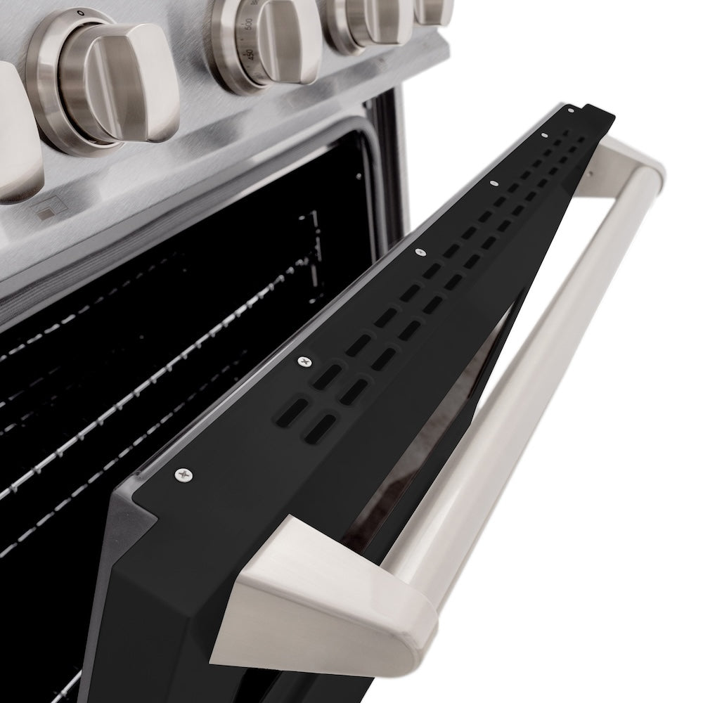 ZLINE 30 in. 4.2 cu. ft. Classic Gas Range with 4 Burner Cooktop and Convection Gas Oven in Satin Stainless Steel with Black Matte Door (CGRS-BLM-30) close-up, oven slightly open, showing Satin Stainless Steel non-directional circular finish.