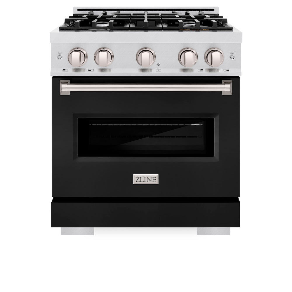ZLINE 30 in. 4.2 cu. ft. Classic Gas Range with 4 Burner Cooktop and Convection Gas Oven in Satin Stainless Steel with Black Matte Door (CGRS-BLM-30) front.