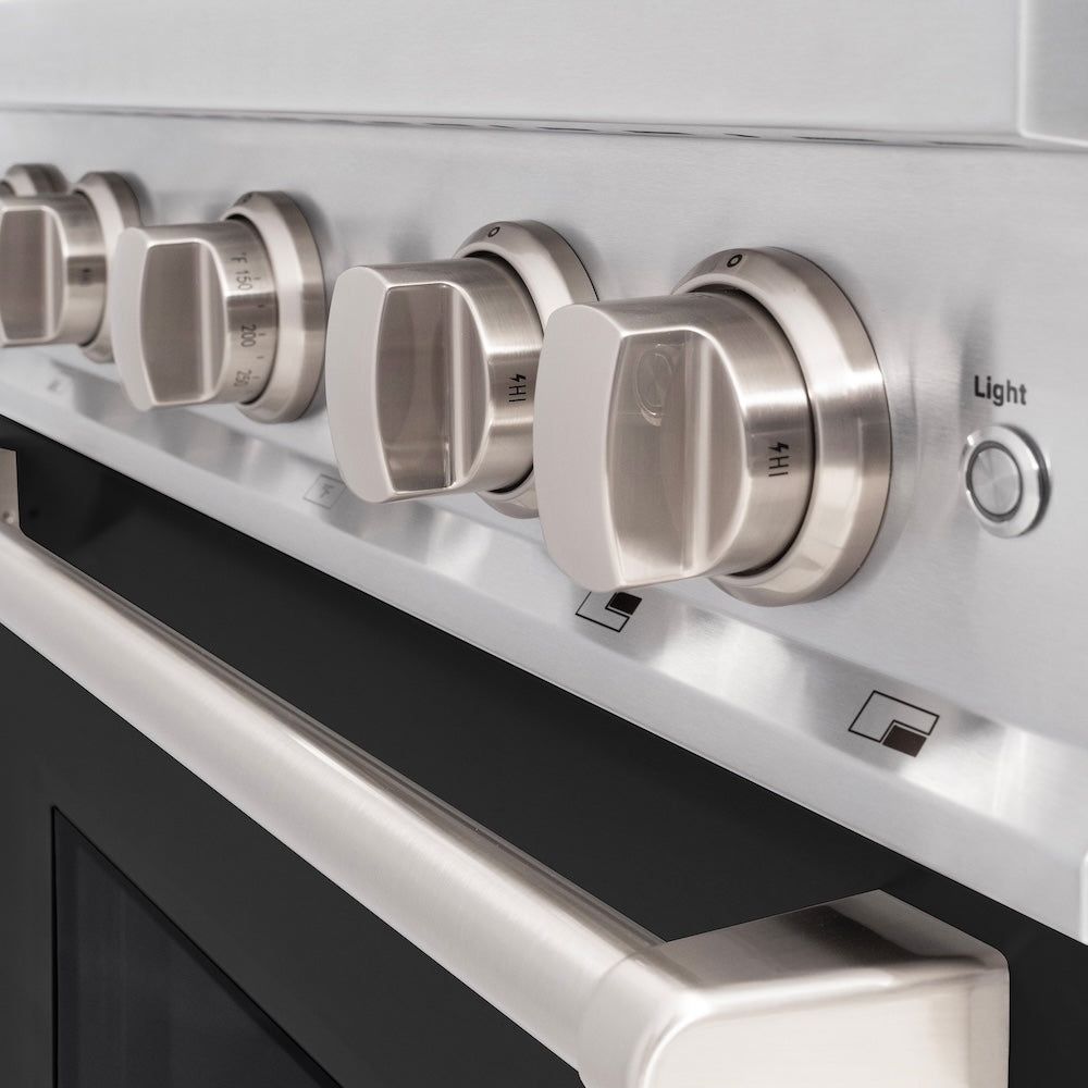 ZLINE 30 in. 4.2 cu. ft. Classic Gas Range with 4 Burner Cooktop and Convection Gas Oven in Satin Stainless Steel with Black Matte Door (CGRS-BLM-30) cooktop and oven knobs.