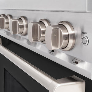 ZLINE 30 in. 4.2 cu. ft. Classic Gas Range with 4 Burner Cooktop and Convection Gas Oven in Satin Stainless Steel with Black Matte Door (CGRS-BLM-30) cooktop and oven knobs.