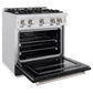 ZLINE 30 in. 4.2 cu. ft. Classic Gas Range with 4 Burner Cooktop and Convection Gas Oven in Satin Stainless Steel with Black Matte Door (CGRS-BLM-30) side, open.