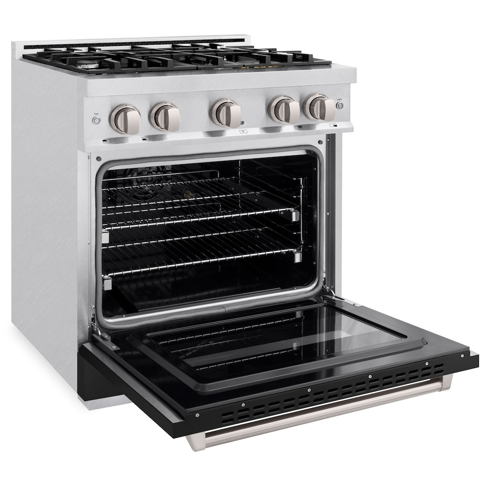ZLINE 30 in. 4.2 cu. ft. Classic Gas Range with 4 Burner Cooktop and Convection Gas Oven in Satin Stainless Steel with Black Matte Door (CGRS-BLM-30) side, open.