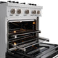 ZLINE 30 in. 4.2 cu. ft. Classic Gas Range with 4 Burner Cooktop and Convection Gas Oven in Satin Stainless Steel with Black Matte Door (CGRS-BLM-30) close-up, open oven with racks extended, showing interior components.