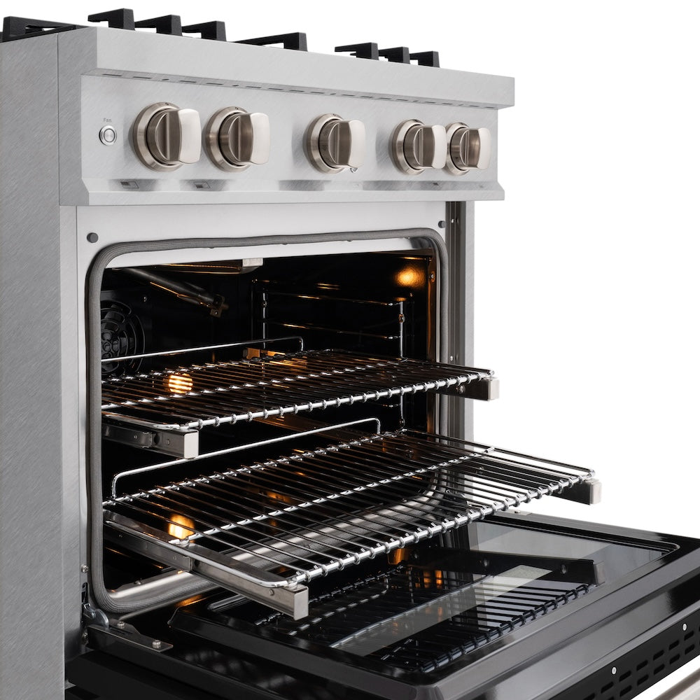 ZLINE 30 in. 4.2 cu. ft. Classic Gas Range with 4 Burner Cooktop and Convection Gas Oven in Satin Stainless Steel with Black Matte Door (CGRS-BLM-30) close-up, open oven with racks extended, showing interior components.